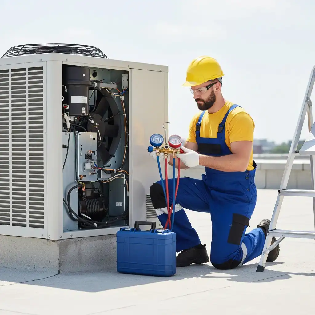 HVAC contractor servicing AC unit in Sacramento